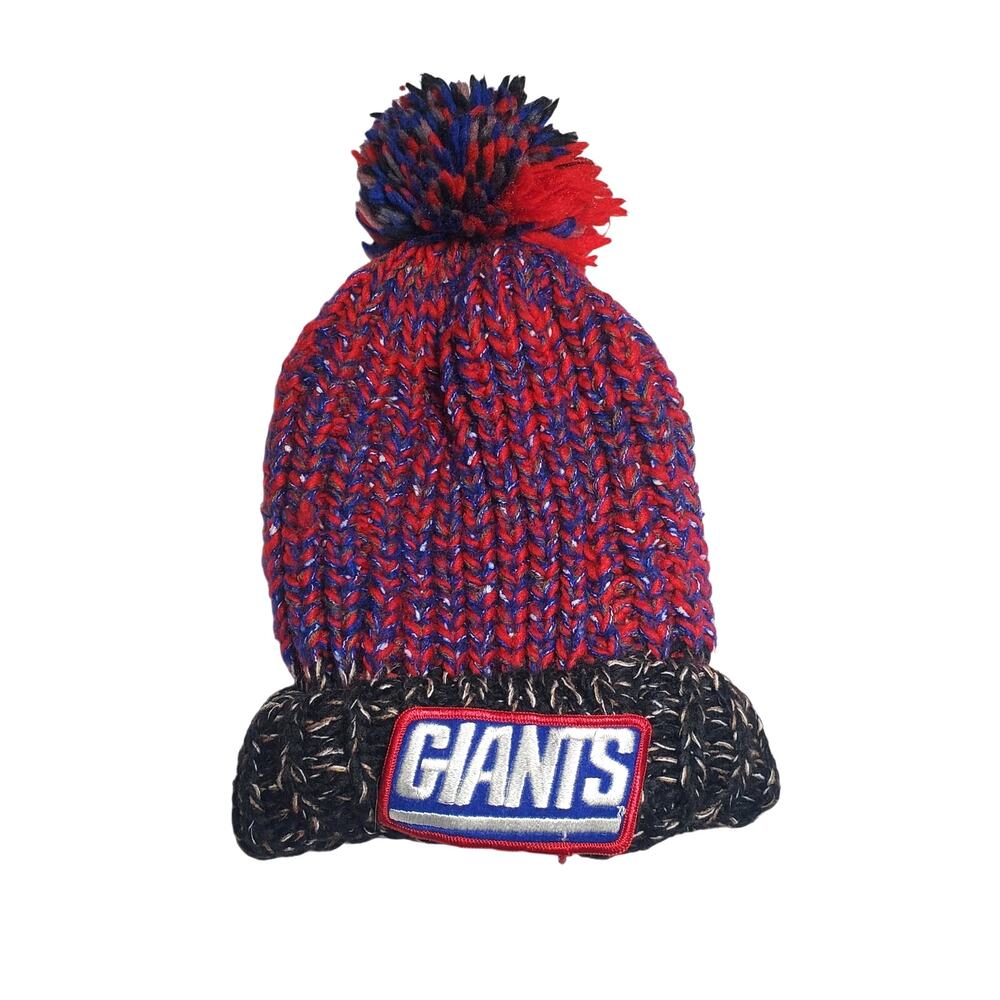 GIANTS Red Blue Chunky Knit Winter Beanie Hat Faux Fur Lined Pom Pom Adult